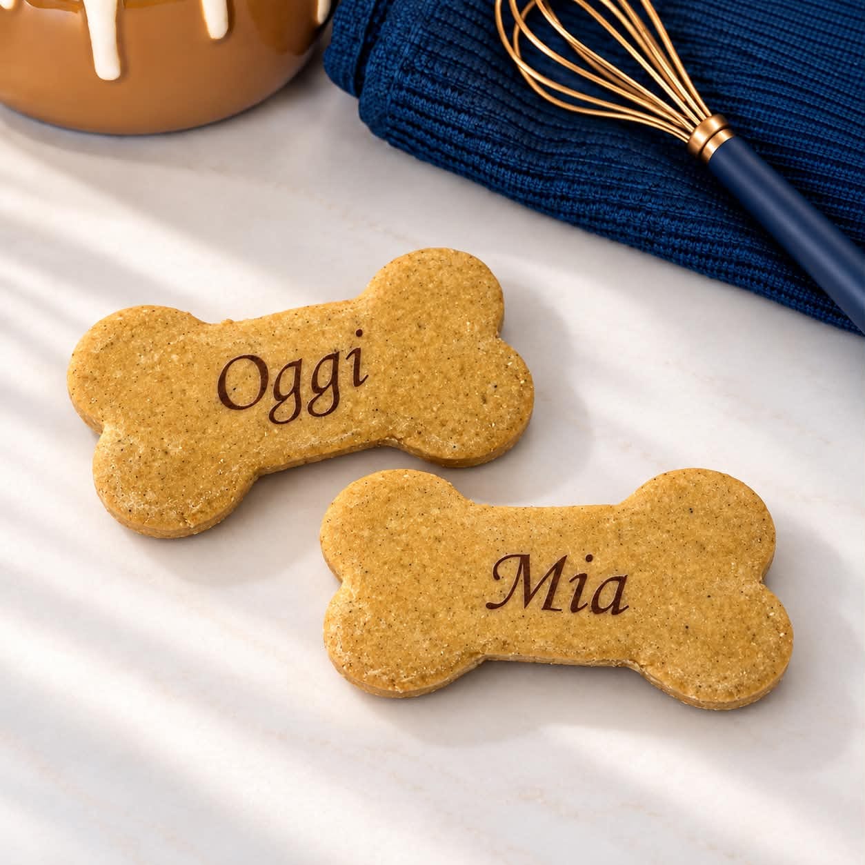 Personalised bone-shaped dog treats with names