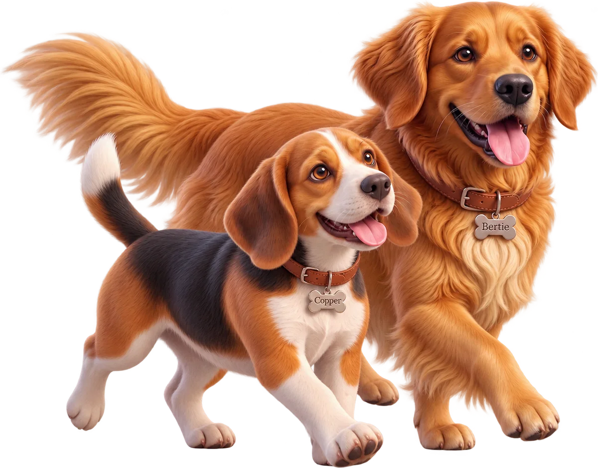 Bertie the golden retriever and Copper the beagle walking together